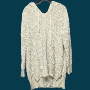 POL Large Cream Popcorn Boucle Knit Hooded Long Tunic Dress Sweater Size Large